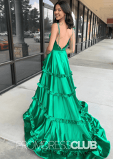 Emma |A - Line Long Green Prom Dresses V - Neck Satin Tiered Corset with Slit - Green - PromDressClub